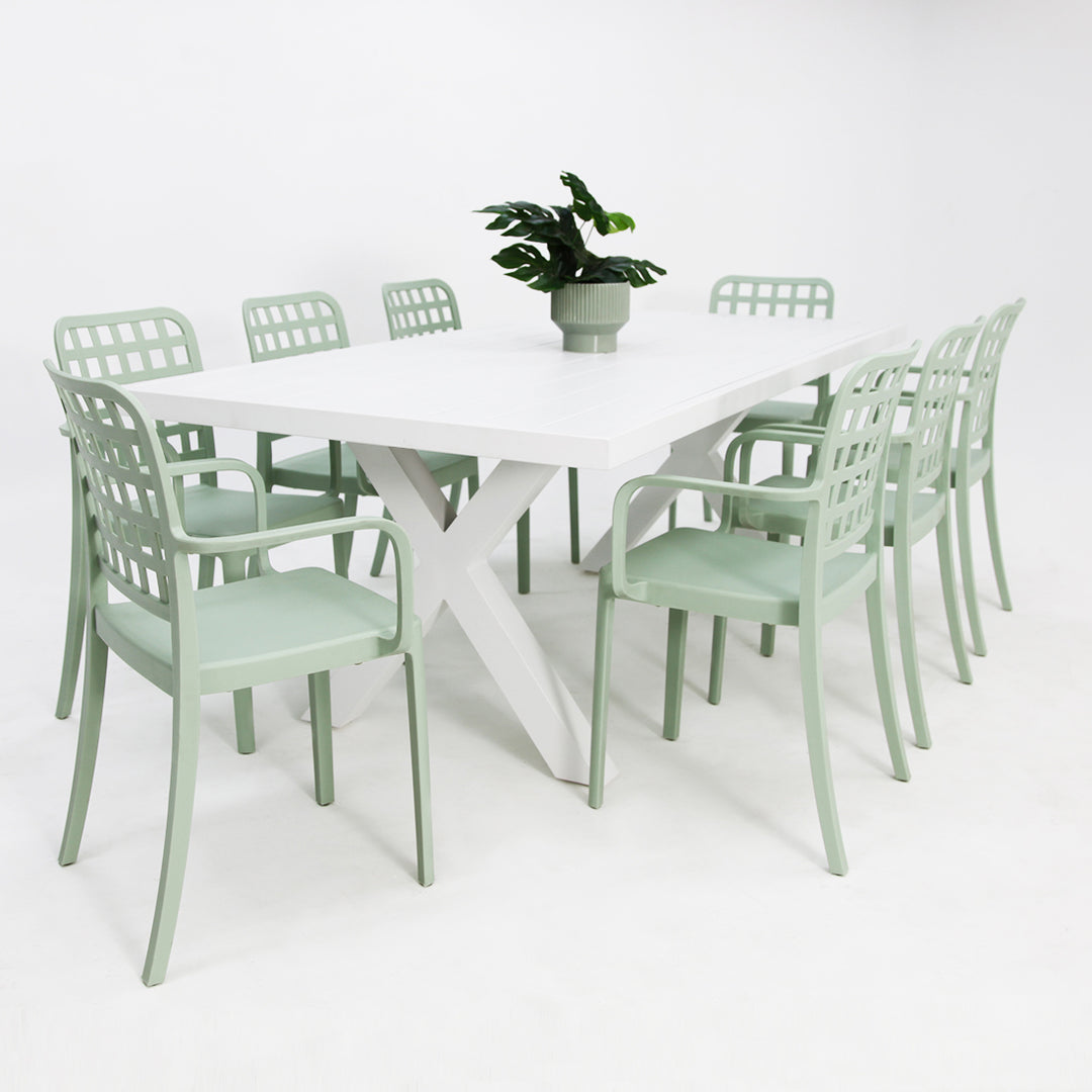 Ravenne Frankie Armchair 9pc Dining Set - White Green
