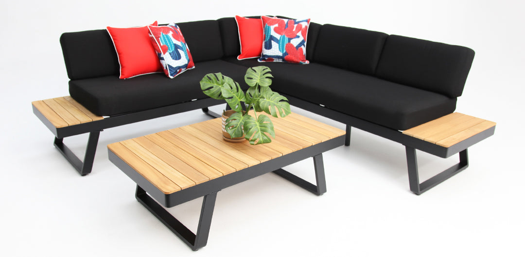 Carringbush Corner Lounge Setting With Sunbrella Fabric and Teak - Black