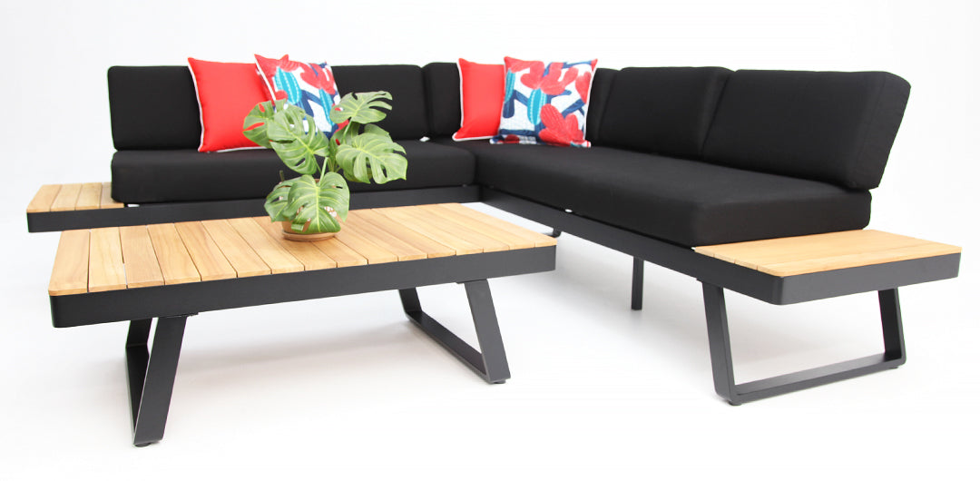 Carringbush Corner Lounge Setting With Sunbrella Fabric and Teak - Black