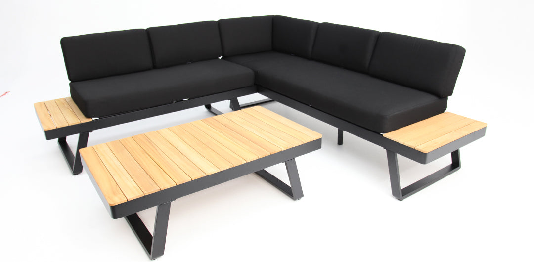 Carringbush Corner Lounge Setting With Sunbrella Fabric and Teak - Black