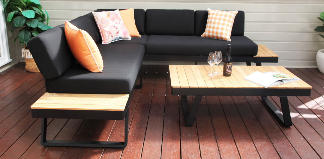 Carringbush Corner Lounge Setting With Sunbrella Fabric and Teak - Black