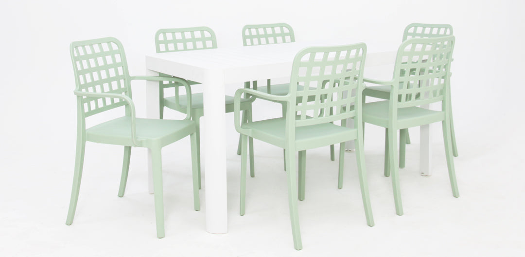 Frankie Azura 7pc Dining Set with Armchairs - White Green