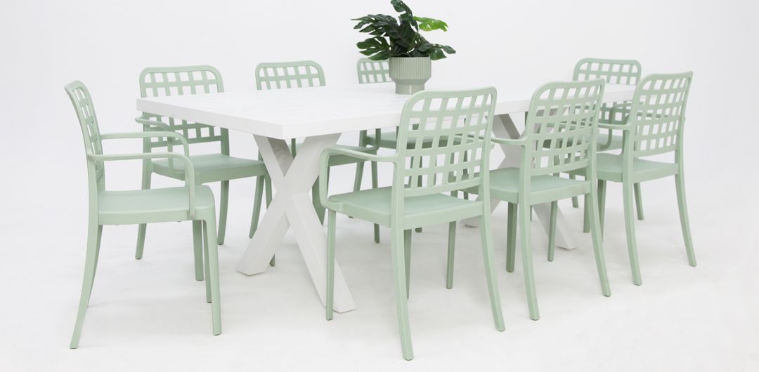 Ravenne Frankie Armchair 9pc Dining Set - White Green
