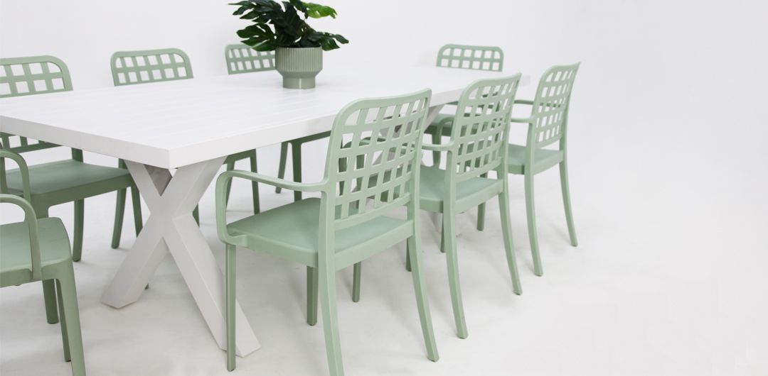 Ravenne Frankie Armchair 9pc Dining Set - White Green