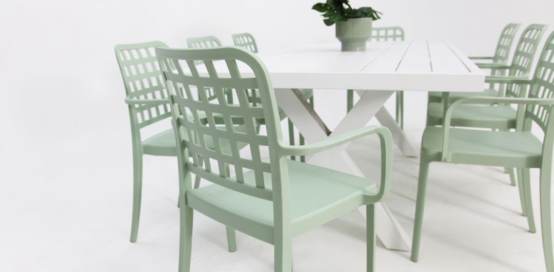 Ravenne Frankie Armchair 9pc Dining Set - White Green