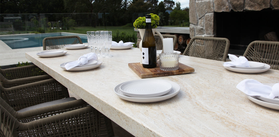 Veltis Albenga 9pc Travertine Dining Setting