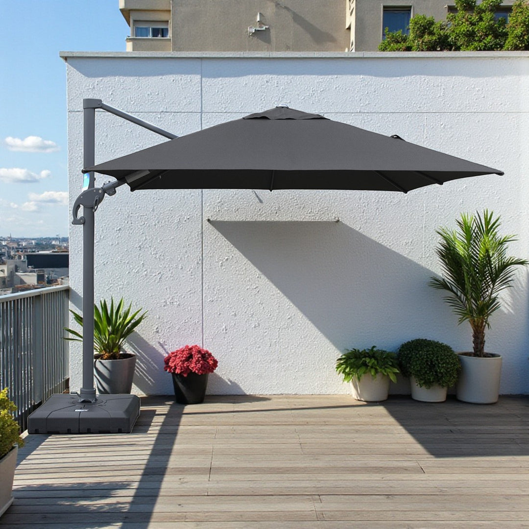 black cantilever patio umbrella Amalfi 3x3m Cantilever Umbrella with Water Base
