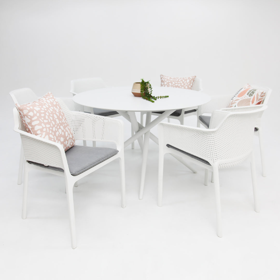 Persia Bailey Armchair Round 7pc Dining Setting - White