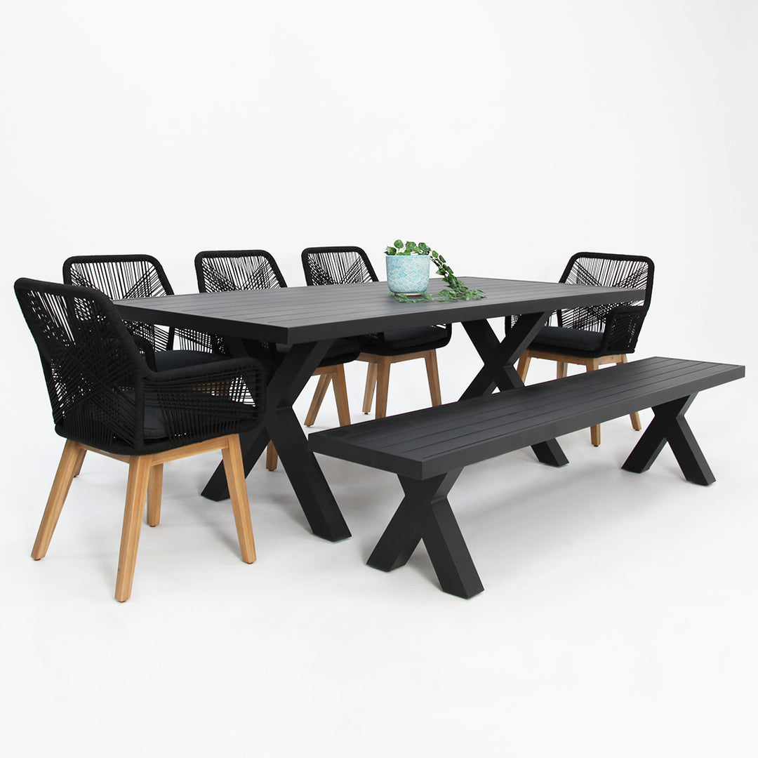 Ravenne Albenga 7pc Dining and Bench Setting - Black